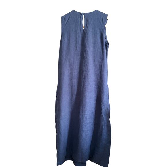 ANOTHER PLACE | Navy Blue Linen Bow Front Relaxed Shift Midi Dress | Small - Picture 2 of 6